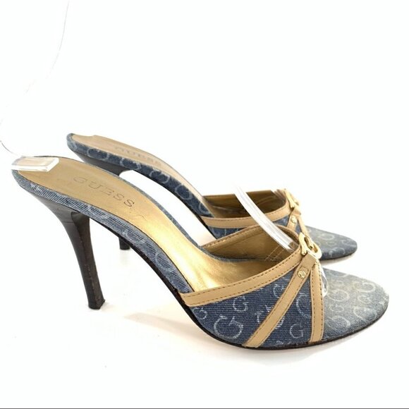Guess promise heels 5.5 denim blue Jean rhinestone slip on slides Y2k vintage - Picture 13 of 13